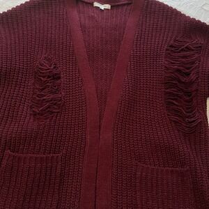 Oversized Chunky Knit Distressed Cardigan Sweater M/L Burgundy Grunge
